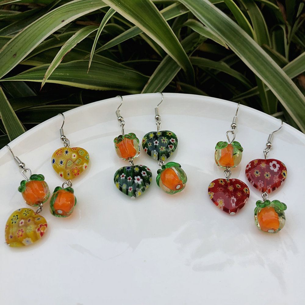 15g Weight Alloy Ear Needle Material Drop Earrings Classification 1 Pair Quantity Daily Occasion Glass, Metal Material Persimmon, Heart Shape, Flower Pattern All Seasons Season Women's Gender Polished Finish Asymmetrical Design Cute Style 1 Pair Cute Persimmon Heart Shape Flower Asymmetrical Glass Metal Drop Earrings 7