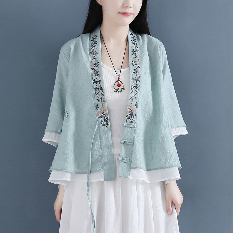 斜襟三盘扣中袖棉麻假两件衬衫女上衣新款中国风复古茶服棉麻开衫