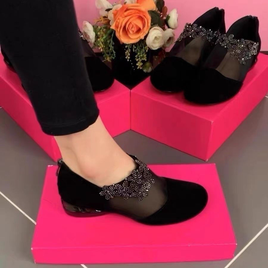 Versión coreana de comercio exterior de gran tamaño malla de tacón grueso zapatos individuales transpirables mujer 2022 nueva malla hueca diamantes de imitación sandalias Baotou