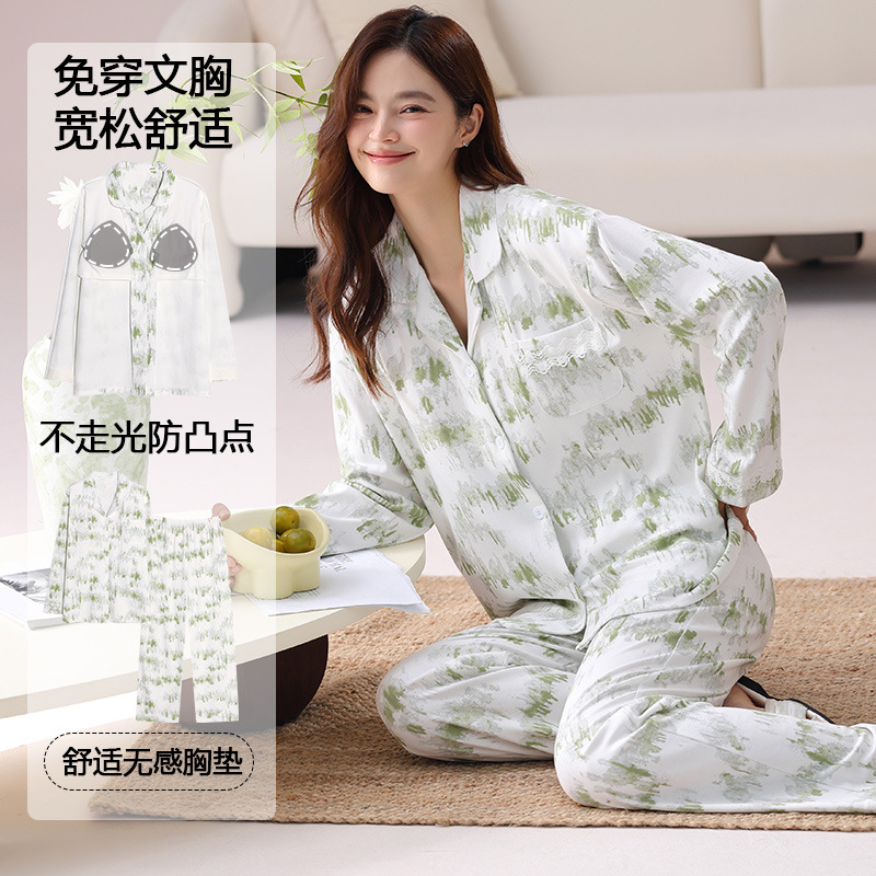 [Algodón puro] 40 pijamas de doble cara para mujer, primavera, otoño e invierno, nuevo estilo de manga larga con almohadilla para el pecho, traje de servicio a domicilio que se puede usar afuera