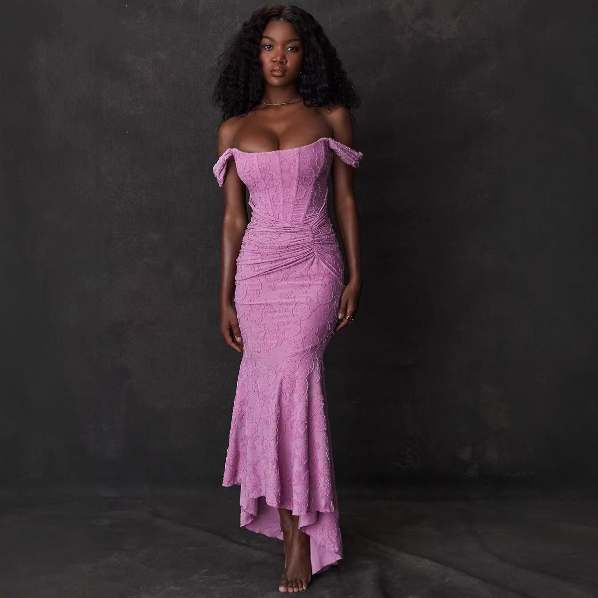 Cross-Border Foreign Trade Women's Clothing European and American New Style Suspender Elastic Jacquard Pleated Sleeveless Fishtail Dress Elegant Long Skirt