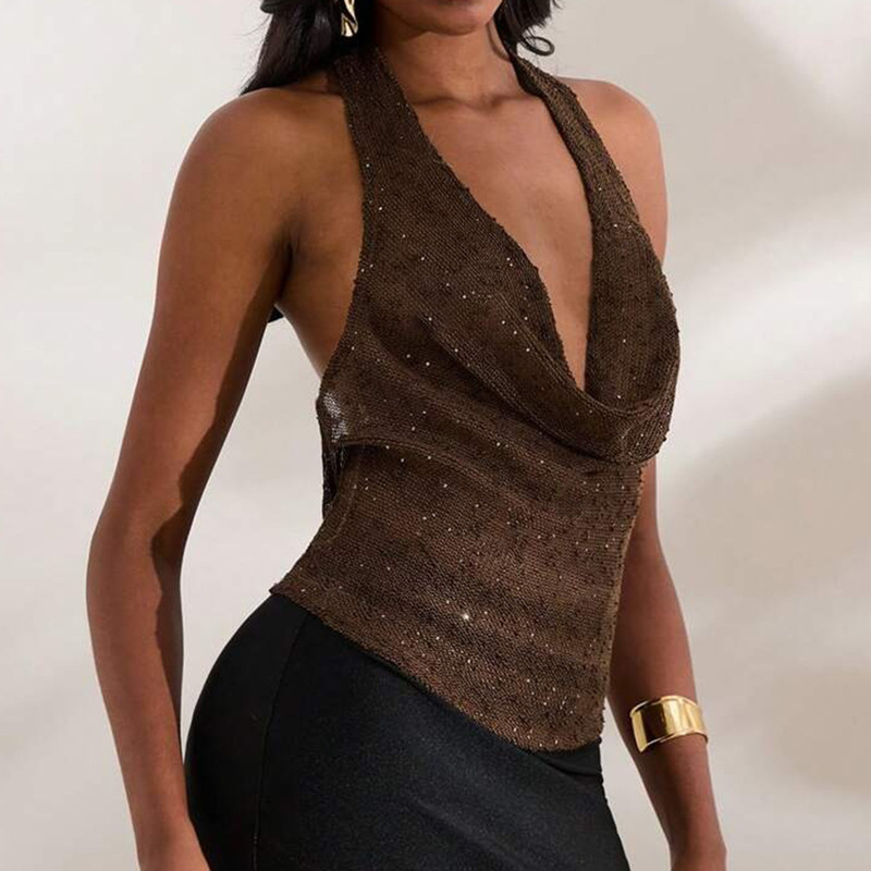 51646 Nazada European and American Foreign Trade Shiny Deep V Solid Color Vest Fashion Sexy Perspective Swing Neck Top for Women 51646 Nazada European and American Foreign Trade Shiny Deep V Solid Color Vest Fashion Sexy Perspective Swing Neck Top for Women