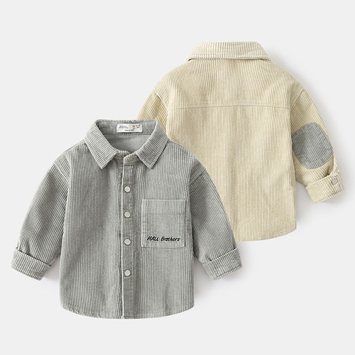 Boys solid color letter shirt  children's clothing retro corduroy jacket Korean style boys loose long-sleeved top trendy