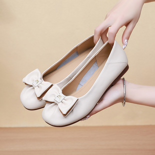 2024 Spring and Summer New Arrival Egg Roll Shoes Women's Genuine Leather Soft Bottom Retro Comfortable Shallow-on Round Toe Shoes