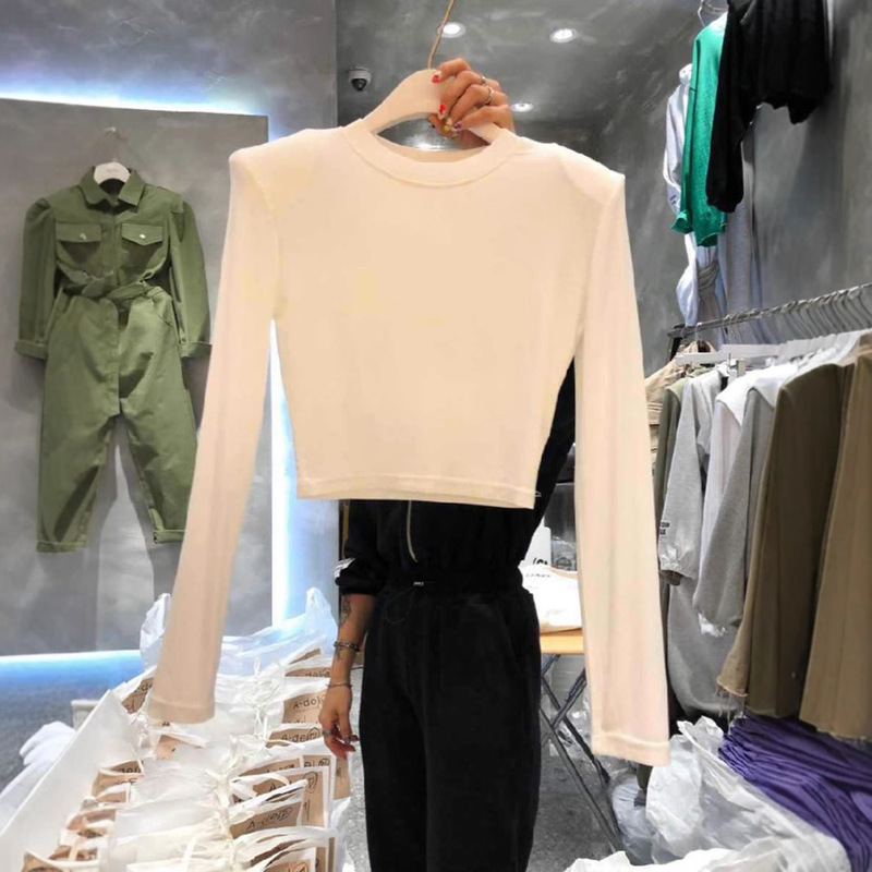 South Korea Dongdaemun Spring and Autumn High Waist Slimming Slim-fit Shoulder Pad Solid Color Long Sleeve Base Shirt Inner T-shirt Women's Top