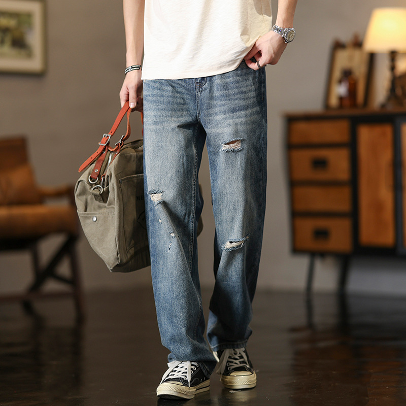 American Trendy Brand Ripped Jeans for Men, Retro Washed Loose Drape Wide-Leg Pants, Summer Straight-Leg Dad Pants