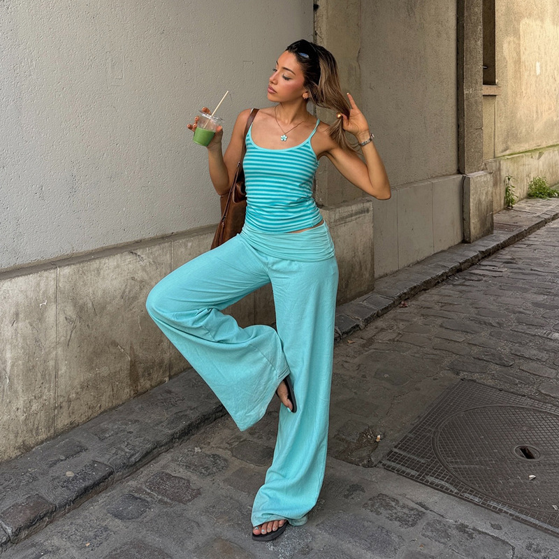 American Street Style Striped Color-Blocked Suspenders with Solid Color Turn-Down Waistband Straight-Leg Casual Pants Two-Piece Set Cross-Border Fashion Outfit