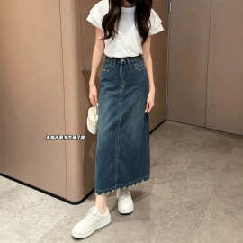 复古开叉牛仔半身裙女2026夏季新款大码韩系高腰显瘦中长款A字裙