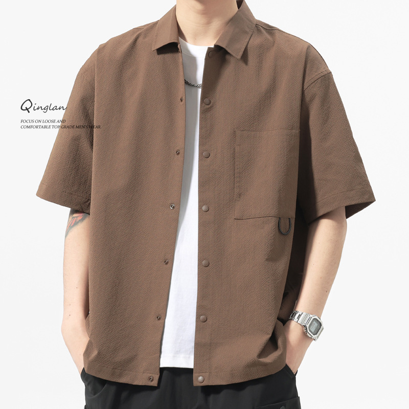Qinglan American Retro seersucker Short-sleeved Shirt Men's Summer Thin Loose Casual Cool Work Shirt Jacket
