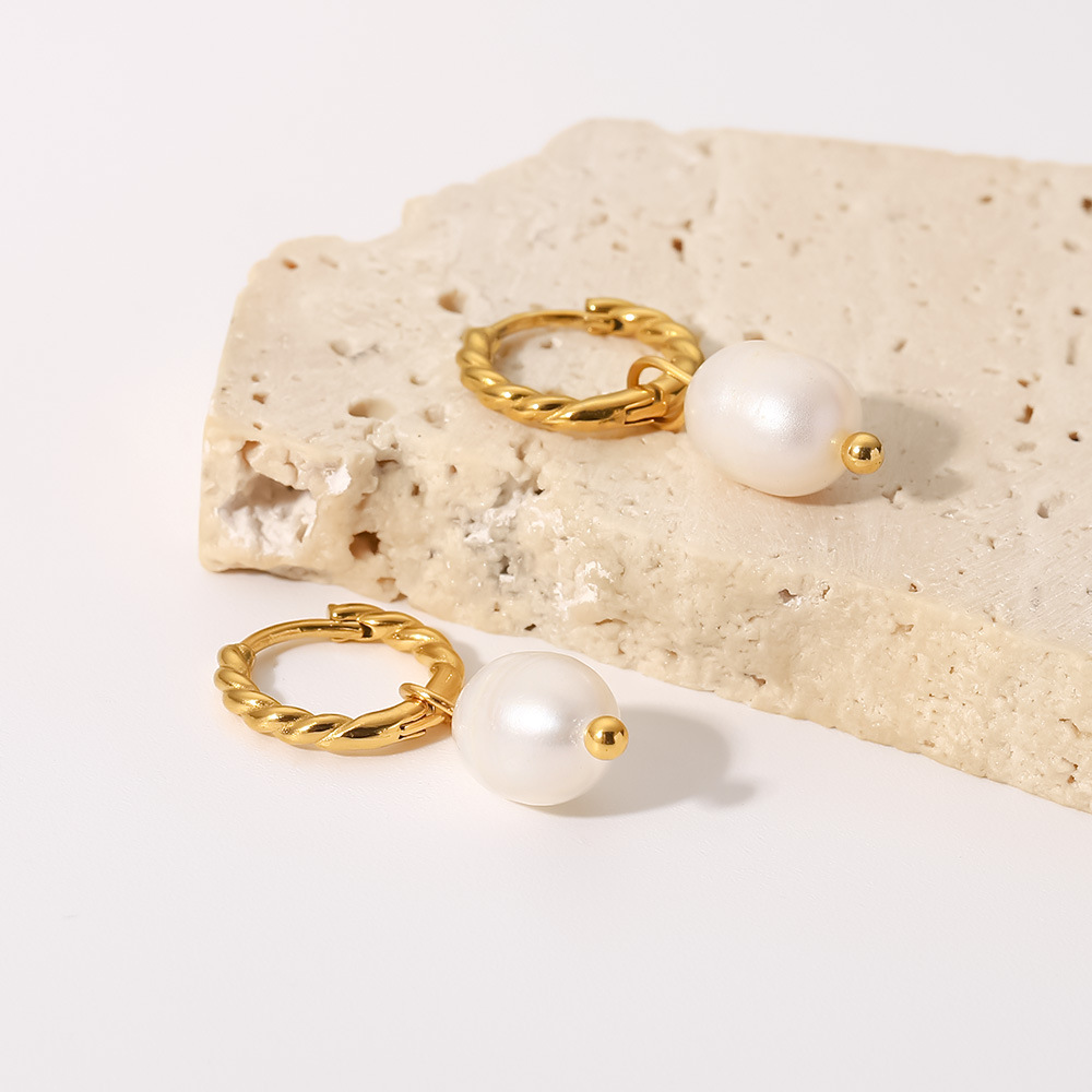 18K Real Gold Plated, Gold Plated Plating Material Freshwater Pearl Inlay Material 1 Pair French Style Geometric Twist Ring 316 Stainless Steel Freshwater Pearl PVD Coated Hoop Earrings Drop Earrings