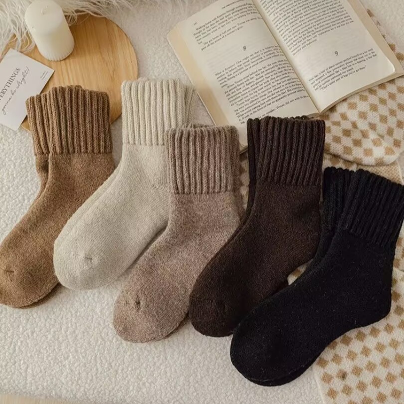 Wool Socks Women's Mid-Calf Socks Winter Thickeneded Maillard Terry Fleece-Lined Plush Snow Socks Warm Cashmere Socks