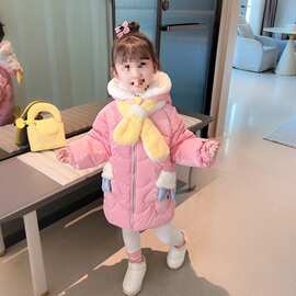 女童棉服外套秋冬季2025新款洋气女宝宝中长款加绒儿童装冬装棉衣