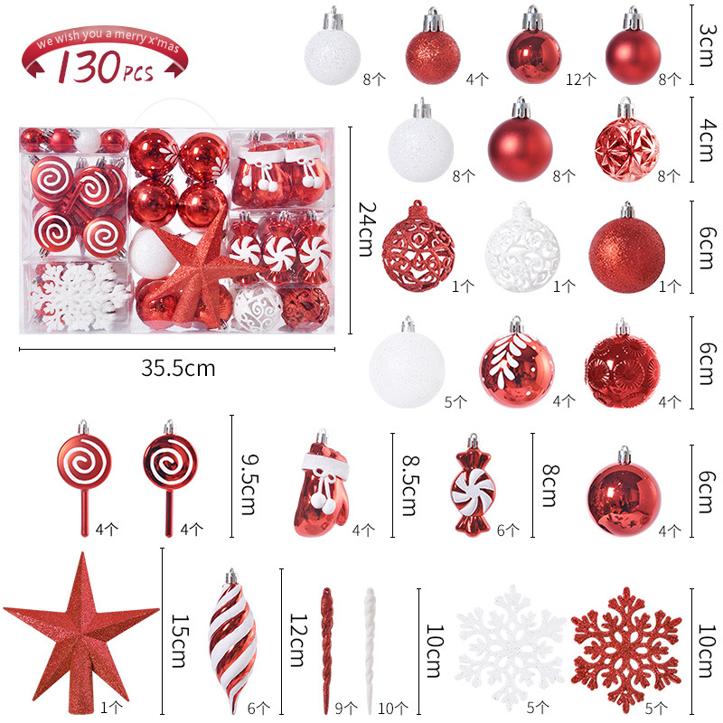 Cross-border Christmas Hanging 130 Set Ball Christmas Tree Electroplated Plastic Ball Painted Decoration Tree Top Star Christmas Ball