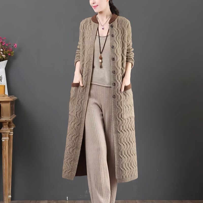 Long Thick Knitted Sweater for Women, Loose Fit, 2025 Autumn and Winter, Over-The-Knee Straight-Cut, Stand-Up Collar, Single-Breasted, Artistic Cardigan
