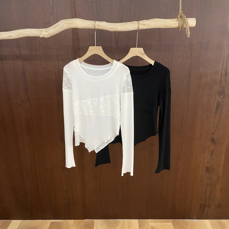 Jm25-8015 Autumn Tencel Wool Splicing Lace Top with Slightly Flared Sleeves Design Niche Women's Clothing Manufacturer