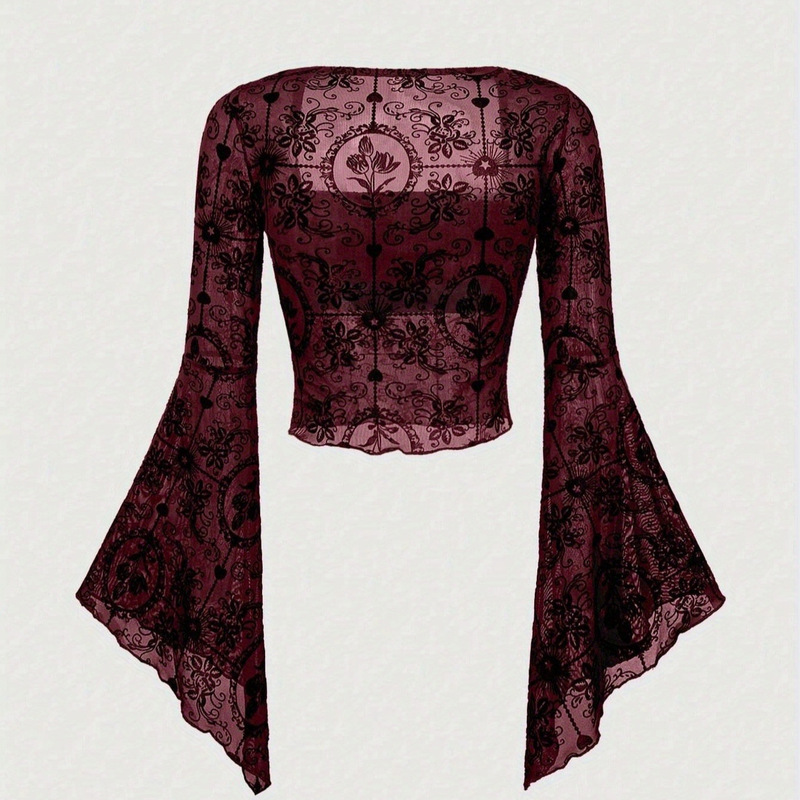 Cross-Border New Style Lace Sexy Mesh Long-Sleeve Flared Sleeve Top with a European and American Design Cross-Border New Style Lace Sexy Mesh Long-Sleeve Flared Sleeve Top with a European and American Design