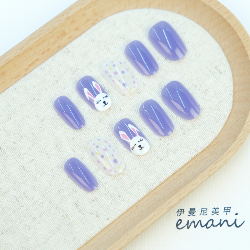 30 Pieces of Cross-Border Easter High-End Simple Purple Polka Dot Nail Art Rabbit Oval Press-On Nails Wholesale in Stock