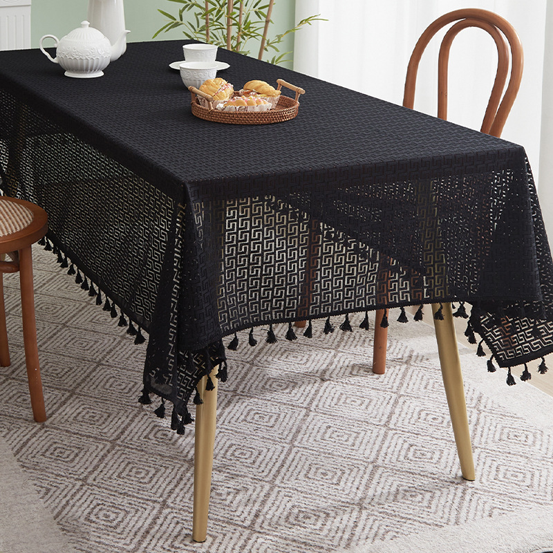 Retro back-shaped hollow tablecloth cotton and linen art style high-end rectangular dining table cloth coffee table cover cloth wholesale dirt-resistant