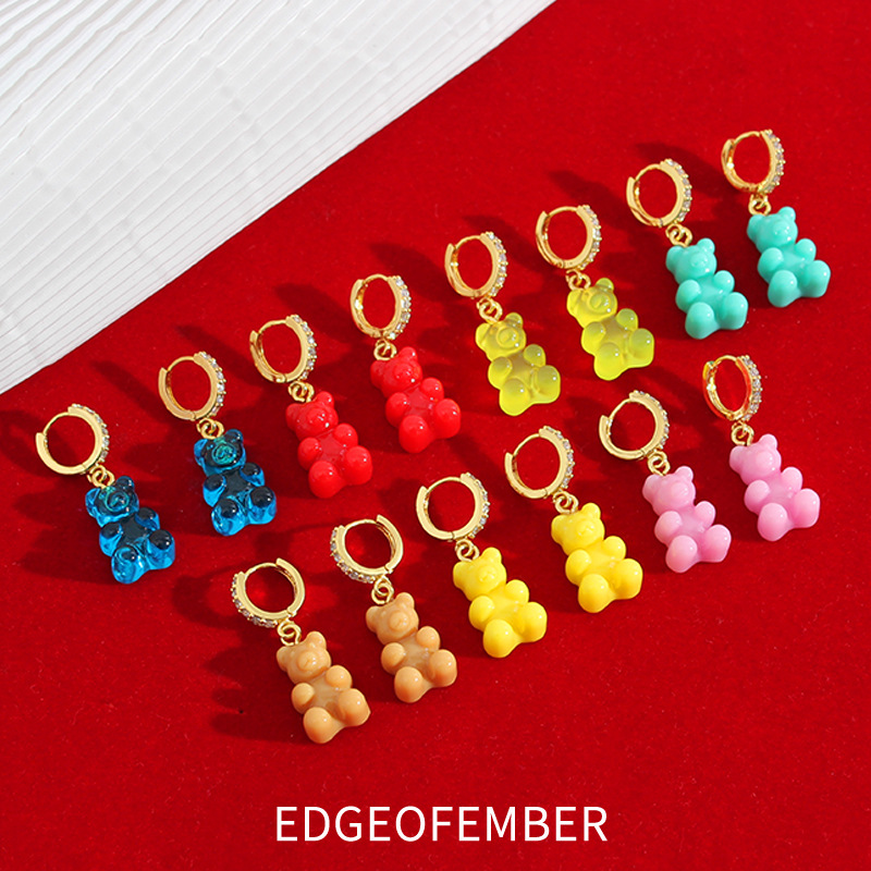 CH樹脂小熊耳環女歐美復古氣質鍍金鑲鑽耳釘22春新亞馬遜耳飾品