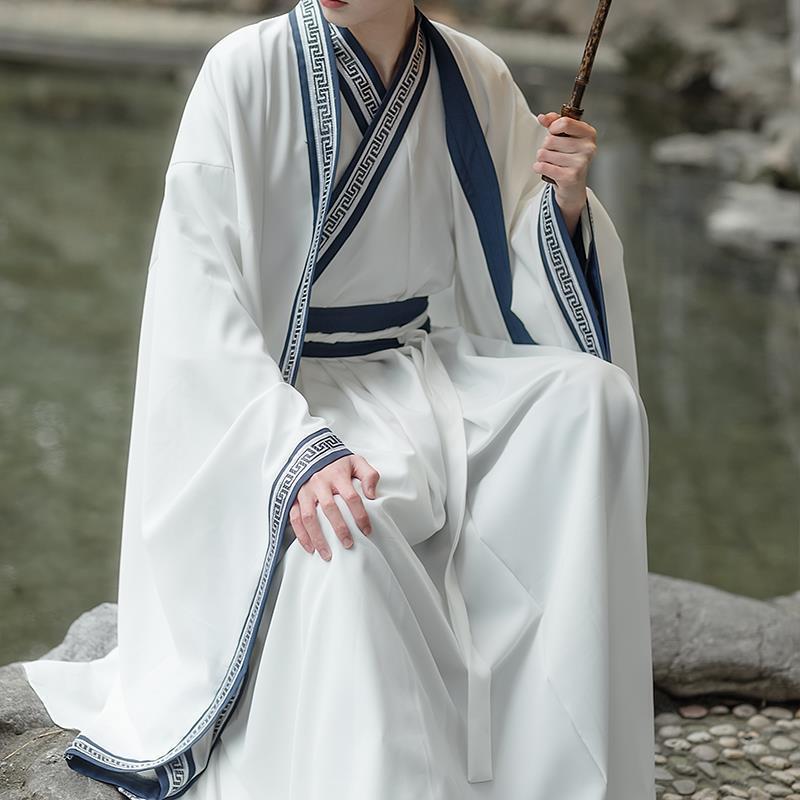 Wei and Jin Style New Traditional Han Dynasty Suit for Men and Women, White Cross-collar Waist-length Underskirt, Spring & Fall Costume