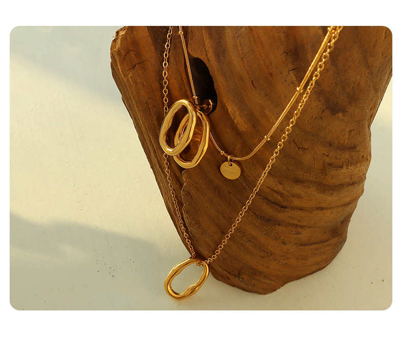 Titanium steel plated 18K gold geometric stacking double-layer necklace earrings jewelry