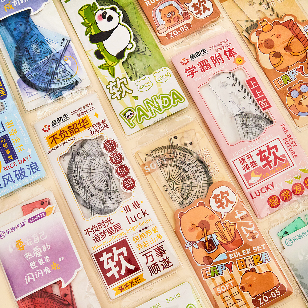 Transparente suave regla traje de dibujos animados lindo estudiante aprendizaje triángulo transportador regla papelería suave conjunto regla al por mayor