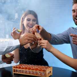 天然竹木玻璃展示架瓶托盘架，带24个酒杯，适合俱乐部酒吧派对