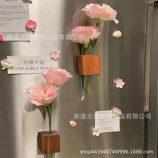 Handmade Diary Flower Growing Refrigerator Magnet Solid Wood Flower Arrangement Bottle Magnetic Wall Three-Dimensional Decorative Flower Arrangement Device Ready for Sale