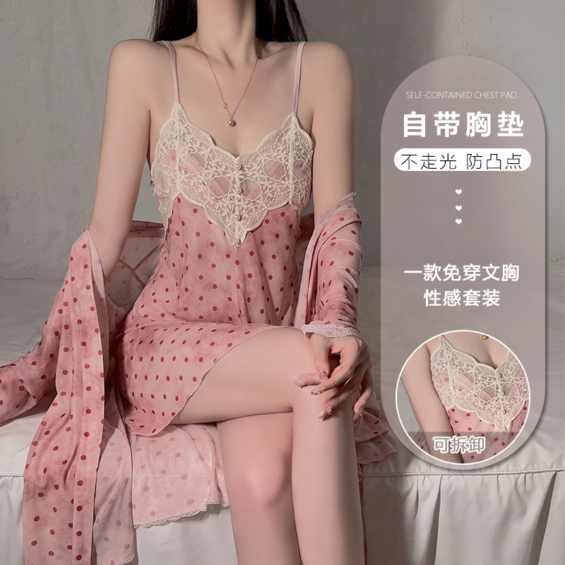 Dz Rose Deep V Temptation Plus Breast Pad Underwear Sweet See-Through Mesh Lace Nightgown Outer Robe Home Suit 6297