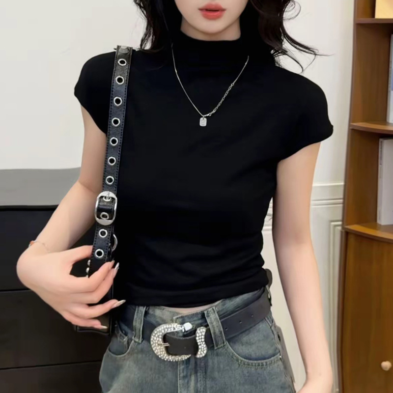 2025半高领短袖T恤女时尚纯色韩版显瘦早秋打底衫内搭女上衣显瘦|undefined