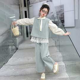 女童春装套装2025新款洋气儿童春秋款时髦童装时尚衬衫马甲三件套