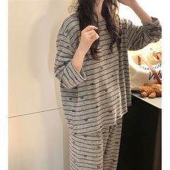 パジャマ女性春夏薄型 2025 新韓国スタイルシンプルカジュアルストライプリボン長袖ホームウェアセット