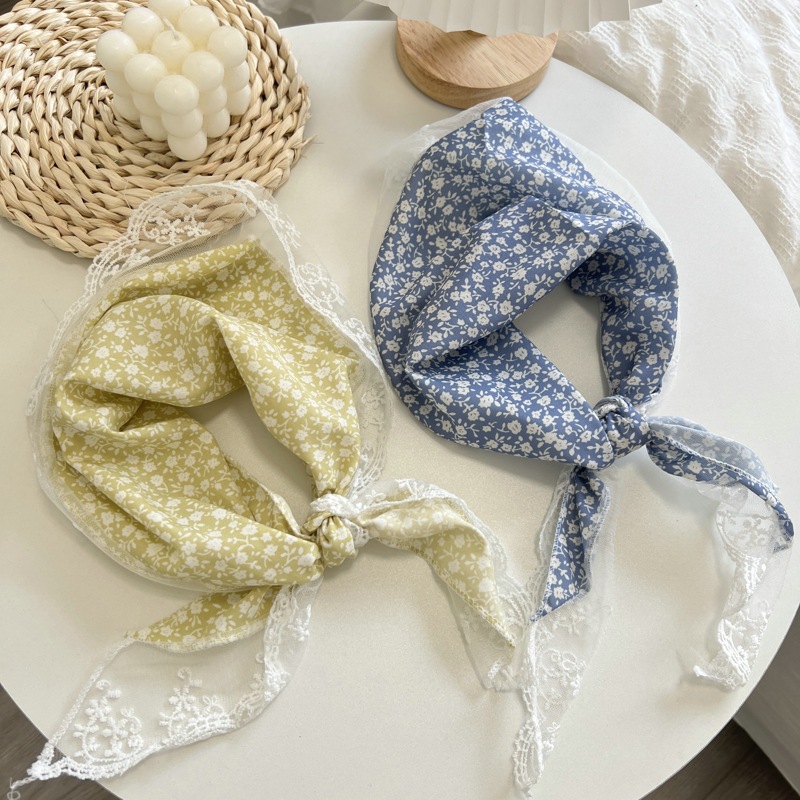 純色蕾絲小絲巾女百搭長條圍巾裝飾三角巾領巾護頸綁頭髮絲帶春秋