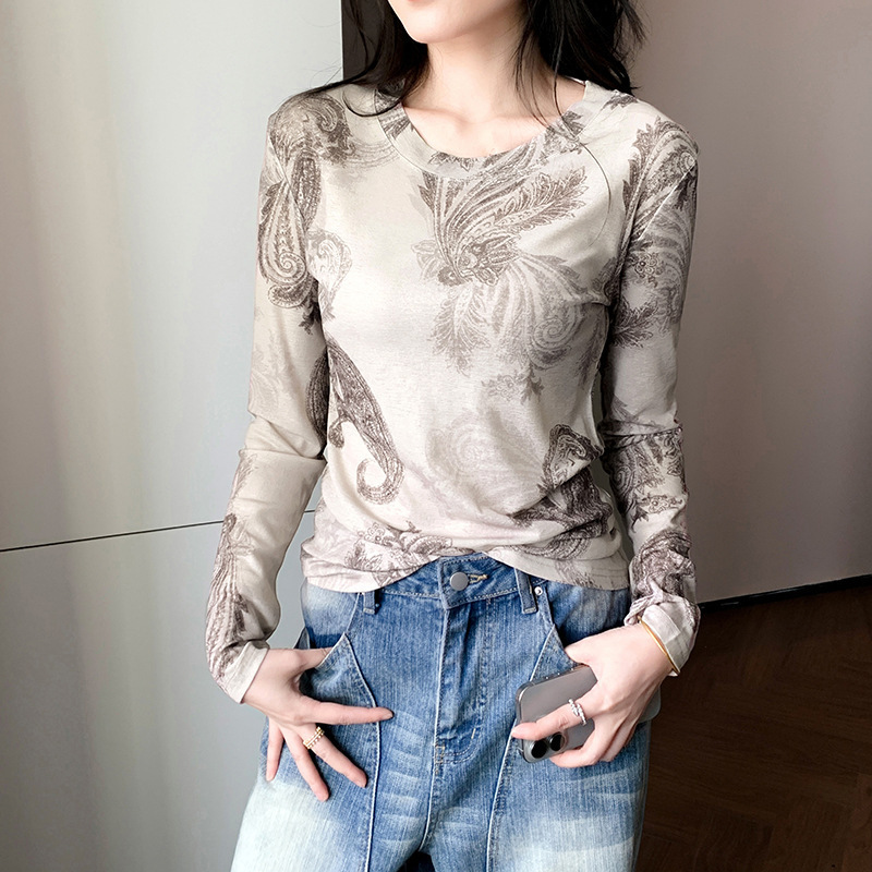法式复古印花针织罩衫女春夏薄款洋气减龄松弛感宽松显瘦t恤上衣|undefined