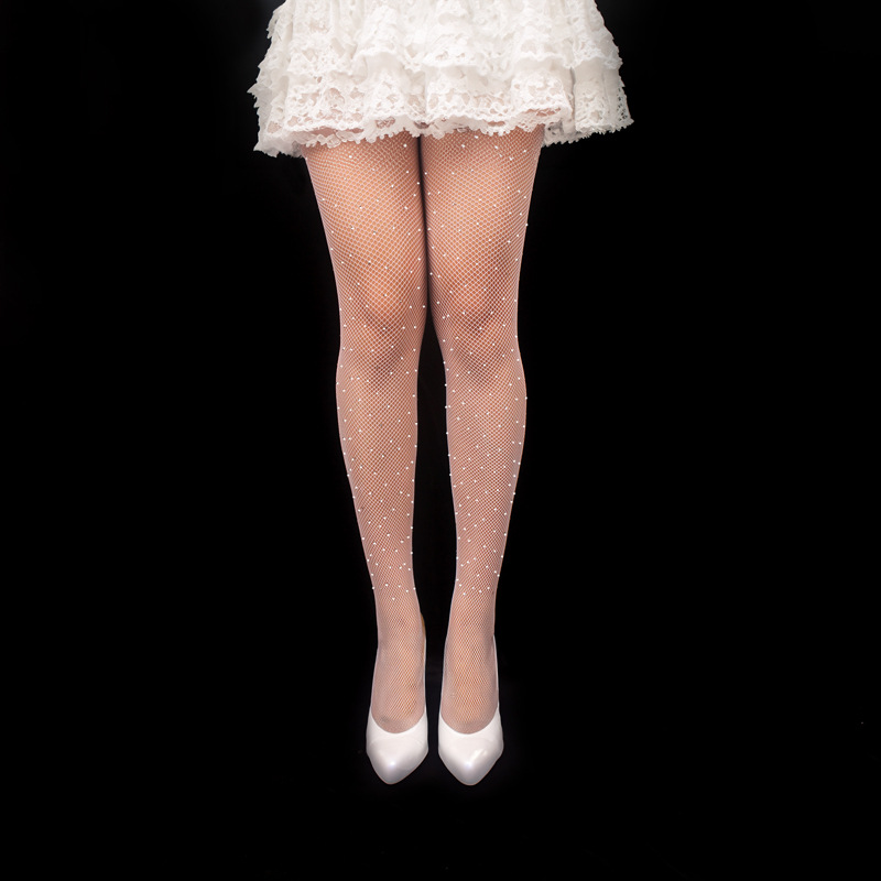 Medias de ojo de red de pesca de diamante caliente rhinestone pantimedias calcetines netos polainas para mujeres Estrella europea y americana con incrustaciones de diamantes