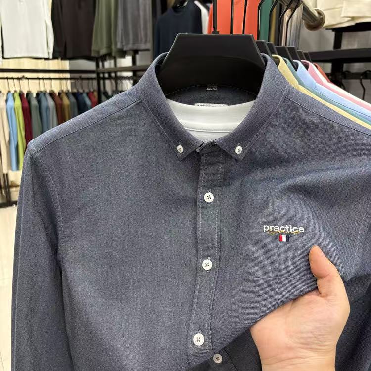 American High-end Long-sleeve Casual Solid Color Embroidered Men's Shirt, Autumn Top_voghion.com