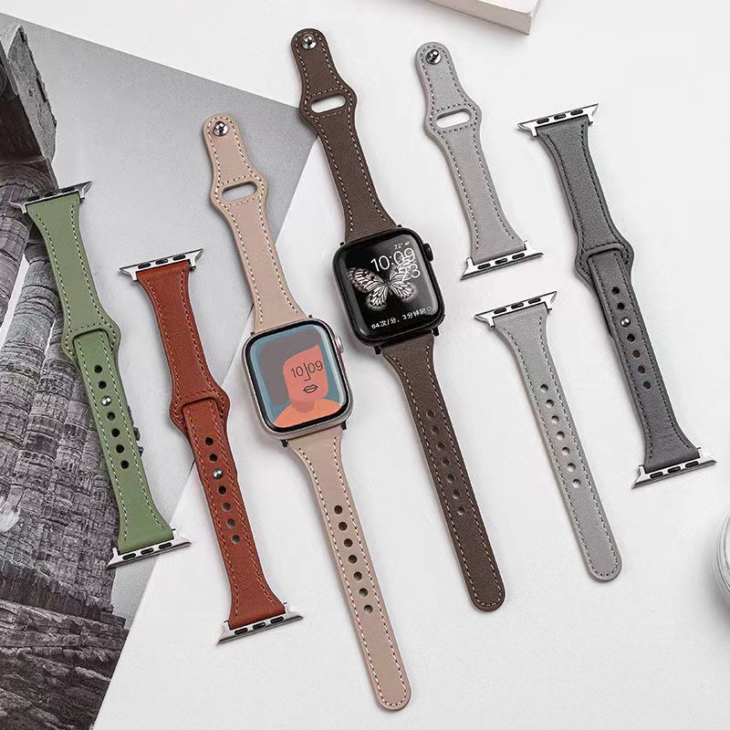 For Apple iwatch876543 Generation Rivet Buckle Slimming Watch Strap Small Waist Slim Fit Real Cow Leather Watch Strap