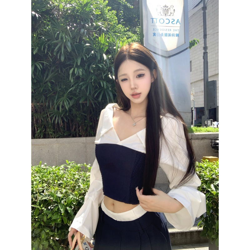 忆可达 松弛慵懒假两件拼色修身白衬衫上衣+休闲直筒长裤套装|undefined