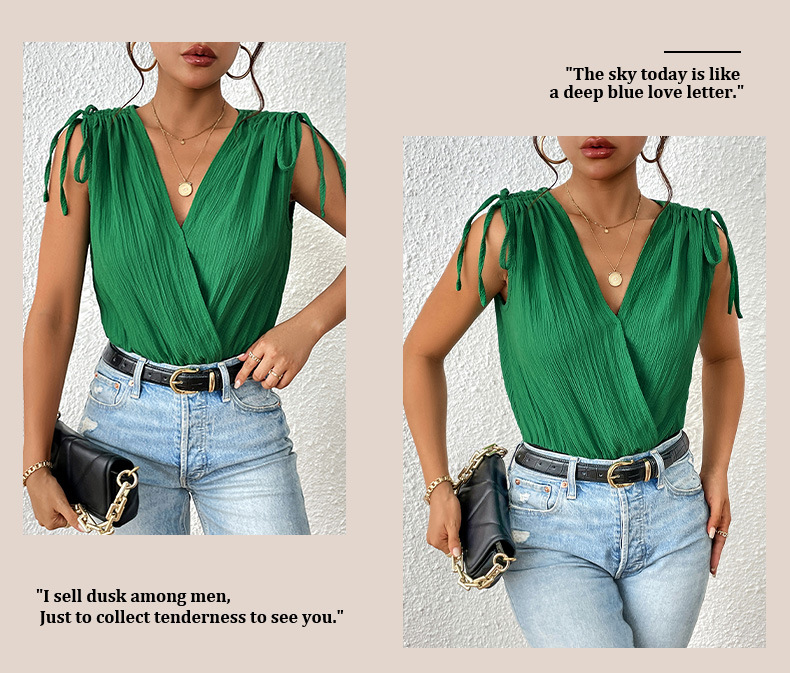 Effen kleur V-hals gesplitste alles-in-één bodysuits voor woon-werkverkeer met veters_voghion.com