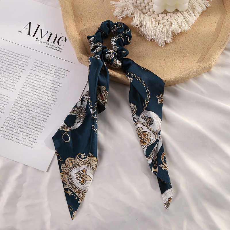 Nuevo lazo de raso estampado, coletero de encaje elegante estilo chino, cuerda para el pelo de cola de caballo al por mayor