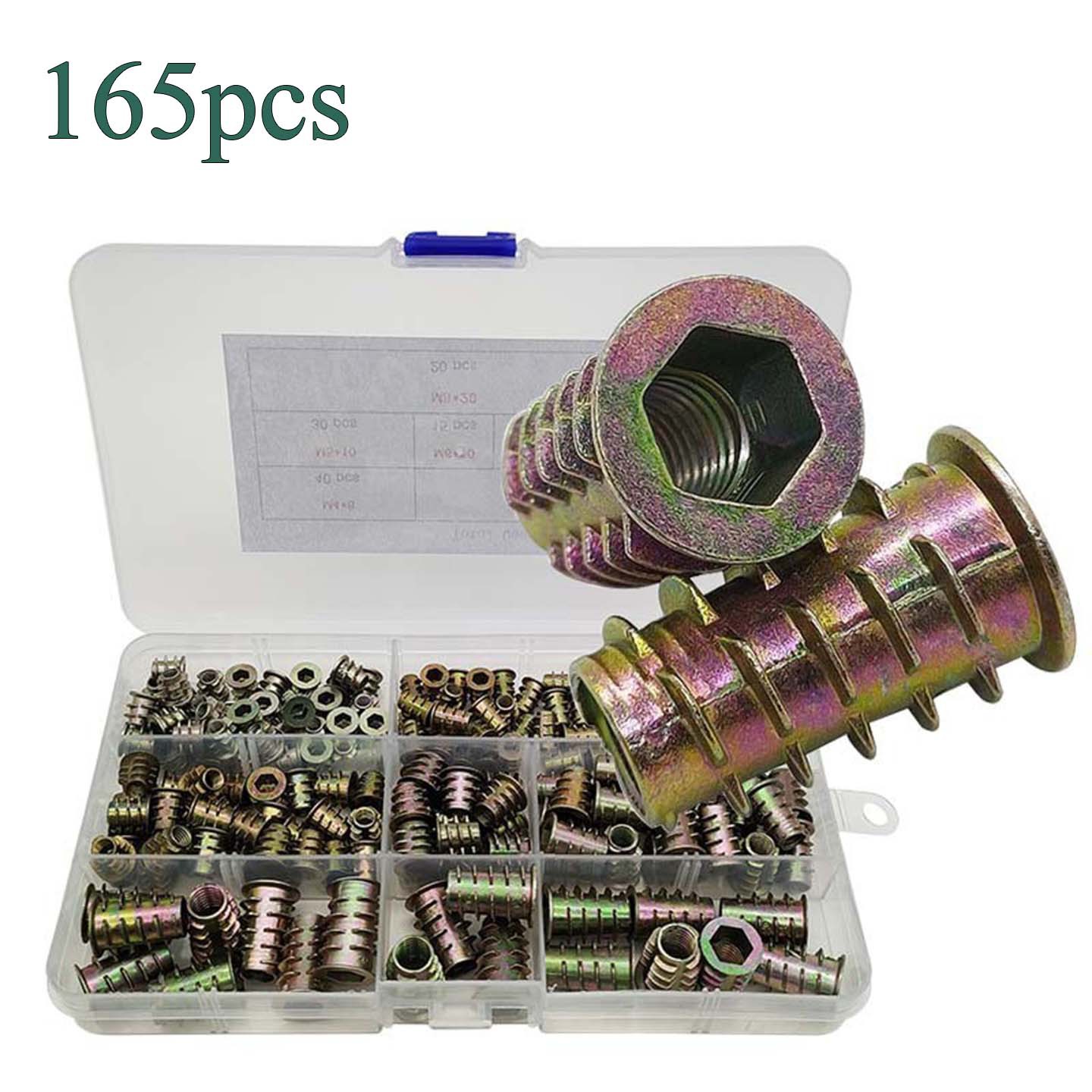 165pcs盒装 家具预埋件滚花螺丝铜柱滚花螺母M4-M8双头牙锌合金