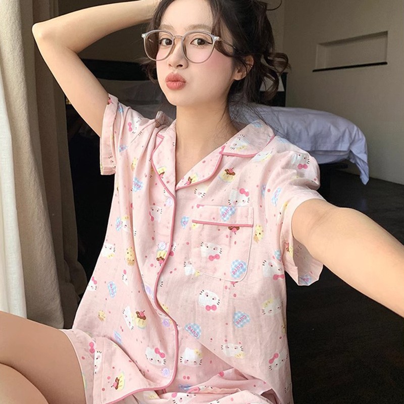 Nube de algodón pijama de mujer verano nuevo dibujos animados impresión pantalones cortos de manga corta dos conjuntos de pareja de estudiantes ropa para el hogar