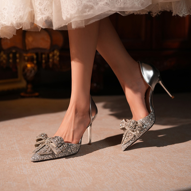 Spring and Summer New Style Silver Pointed Toe High Heels Stiletto Sexy Hollow Rhinestone Bow Versatile Women's Shoes Wedding Shoes for Women