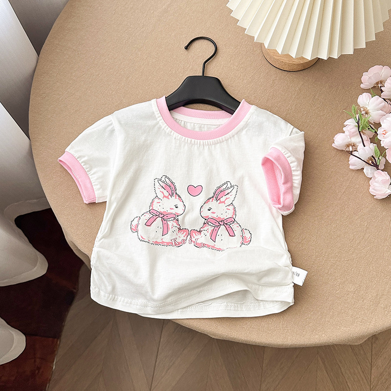 Niña verano cuello redondo manga corta versión coreana nueva camiseta de dibujos animados niña bebé cordón chaqueta de media manga marea linda