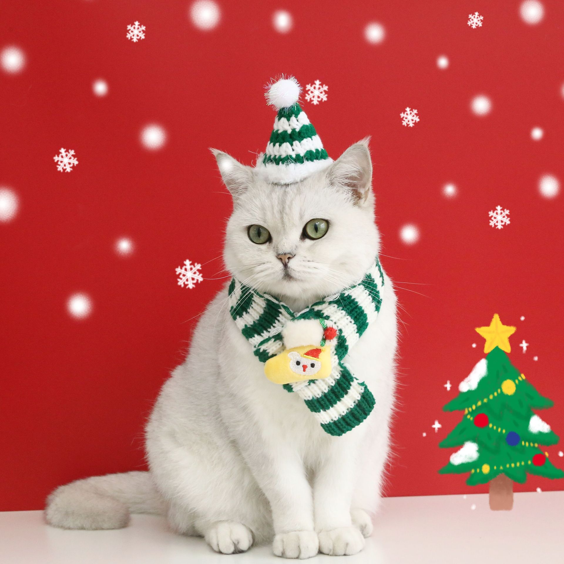 2022 PET rayas de punto lana dibujos animados felpa Navidad muñeco nieve calcetines gato perro bufanda caliente cuello sombrero image 4