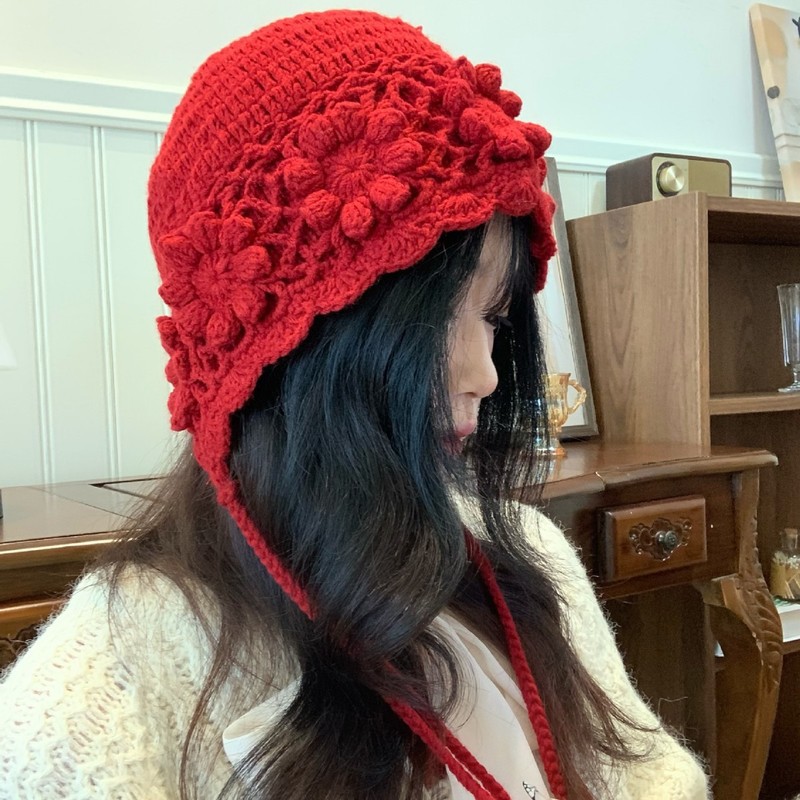 手工编织镂空花朵套头帽女秋冬双层保暖针织毛线帽民族风流苏帽子|undefined