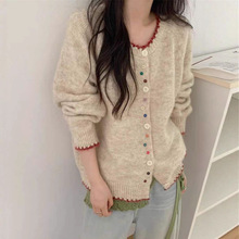 韩版撞色圆领彩扣设计感针织开衫女2025秋冬新款宽松小众毛衣外套