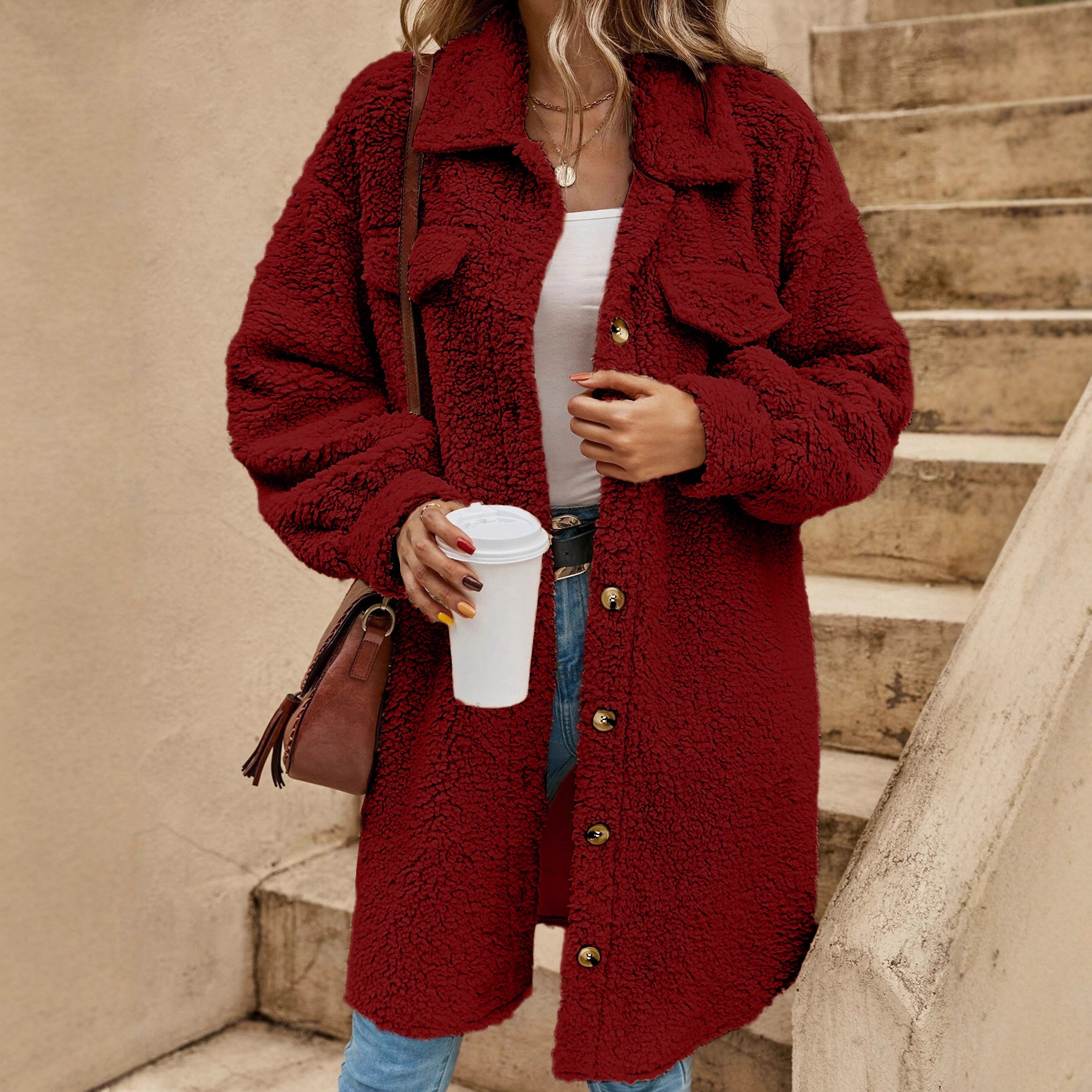Winter Open-Button Lapel Plush Jacket Loose Temperament Long Coat For Women_ecoleips.com