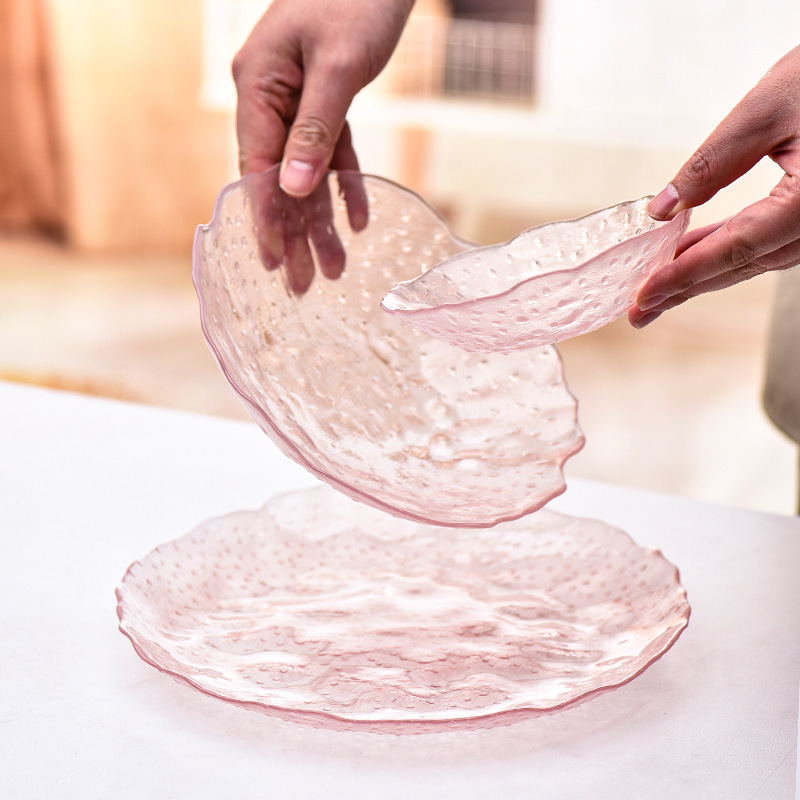 Nordic Style Ins Style Soot Phnom Penh Glass Plate Household Cold Pattern Dinner Plate Fruit Salad Bowl Plate suit Glass Tableware