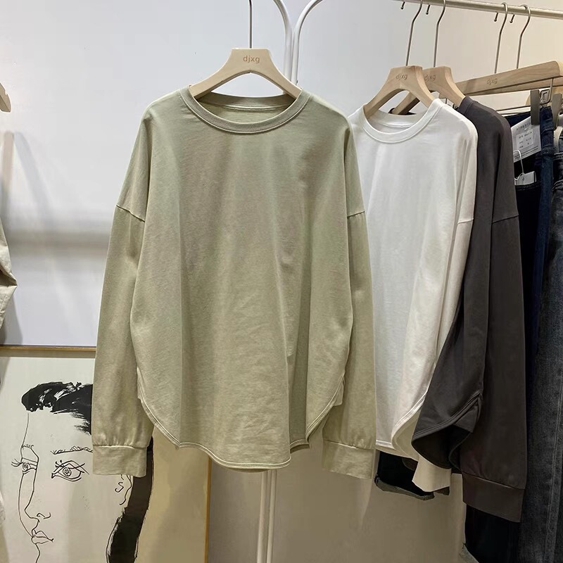 Plus-Size Women's Pure Cotton Japanese Retro Curved Hem Long-Sleeve T-Shirt, Large Size, 120kg Design, Slimming Loose Top Plus-Size Women's Pure Cotton Japanese Retro Curved Hem Long-Sleeve T-Shirt, Large Size, 120kg Design, Slimming Loose Top